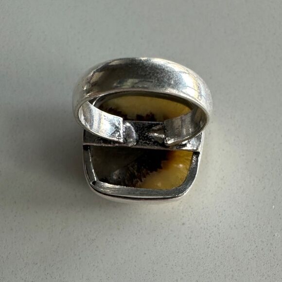 NEW Agate Square / Princess Ring 925 Silver Overlay Cream Brown Triangle Size 5 - Picture 9 of 13